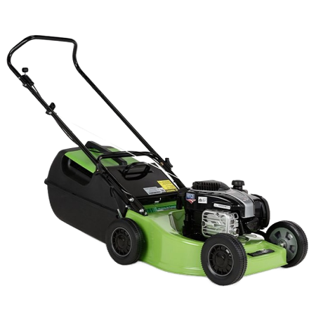 Man mowing grass in front of hedge